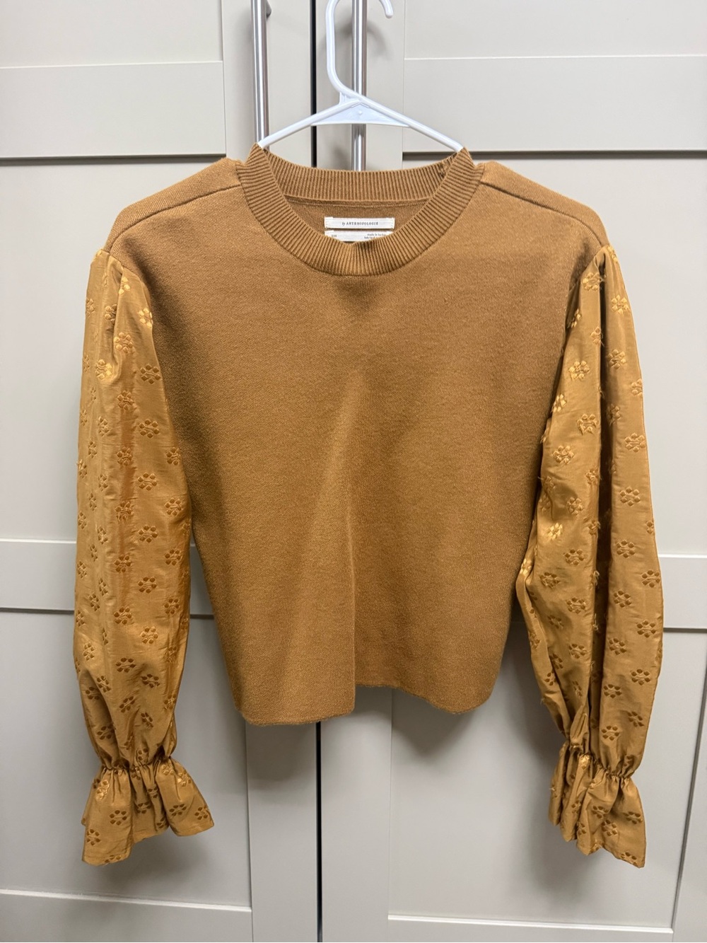 Anthropologie Mustard Puff-Sleeve Eyelet Sweatshirt